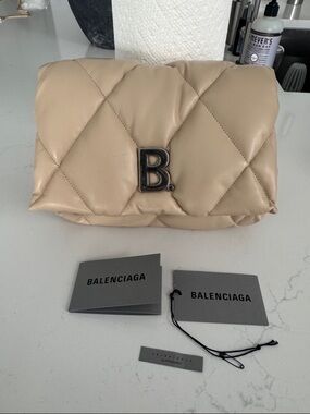 Authentic Balenciaga Beige Quilted 'B' Logo Clutch